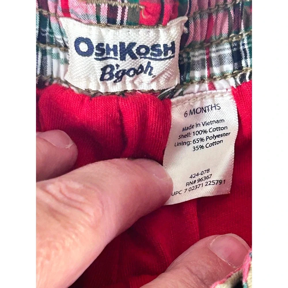 OshKosh Bgosh Baby Boy 6M Plaid Bodysuit and Khaki Cargo Pants Outfit Set Rd Grn